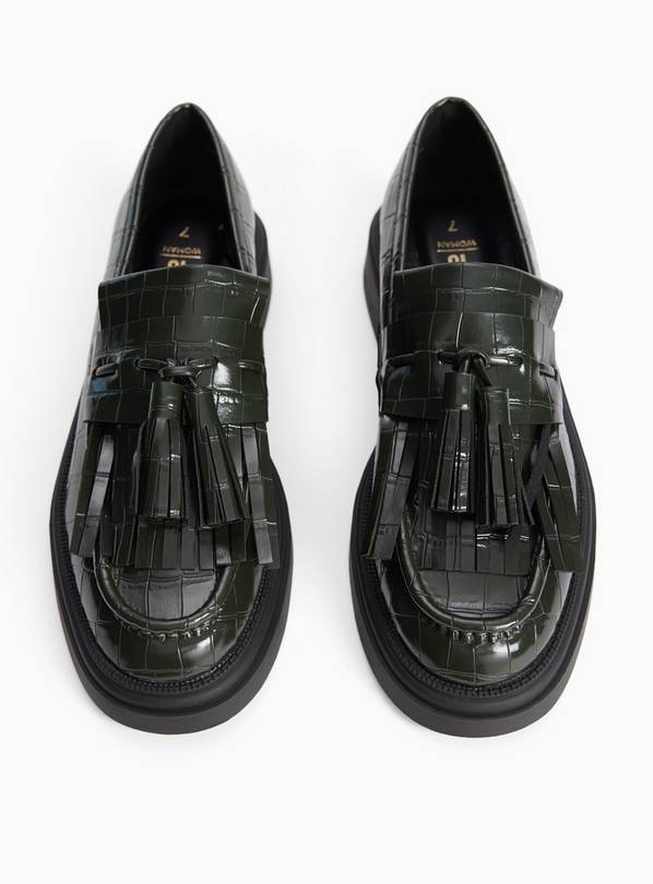 Dark Green Faux Leather Croc Detail Chunky Loafers 6